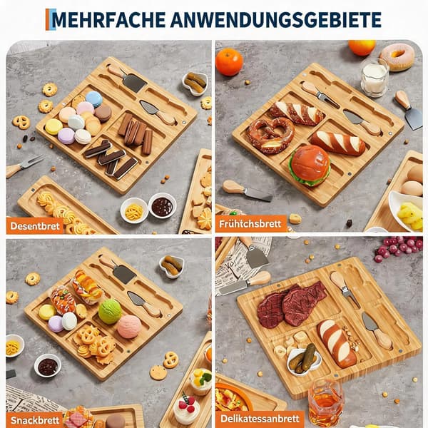 Ostbricka - Serveringsbricka I Trä - 3 Delar Med Knivset - Rektangulär - För Ost, Korv Och Snacks - Khaki