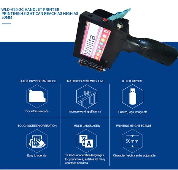 Håndholdt inkjetprinter - 620-2C - 50,8 mm mærkning til dato, batchnumre, QR-/stregkoder - Let bærbar - Uden blæk