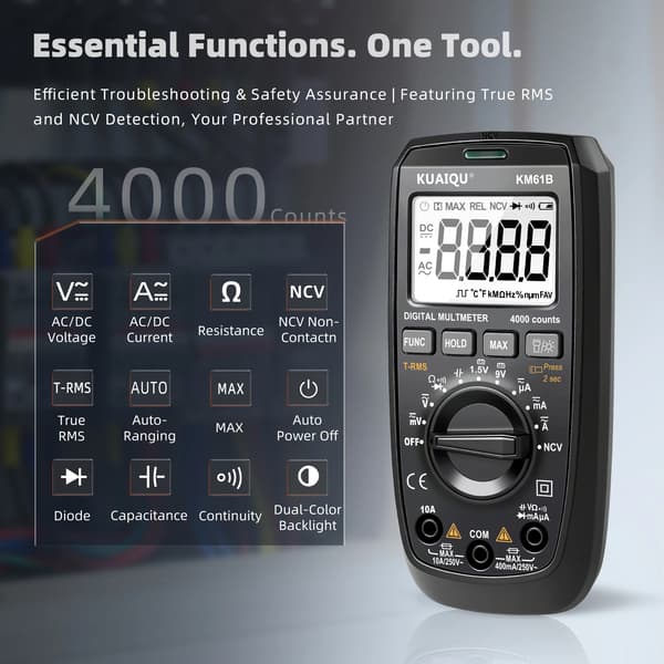 Digital multimeter - KM61B - True RMS - 6000 counts - auto range - AC/DC 600V 10A - kapacitans 100mF - modstand 60MΩ