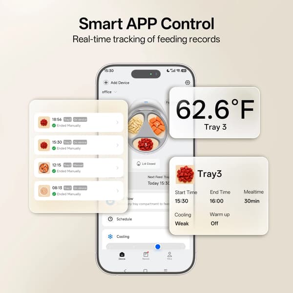 Smart automatisk vådfoderautomat - F21 foderautomat - WiFi app-styring - 24t frisk foder - 3 bakker - Genopladelig - Hvid