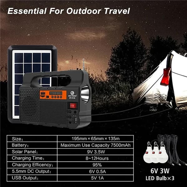 Solbelysningssæt - Bærbart solenergisystem - Solpanel - 3 LED-pærer - Til camping og vandring - Sort