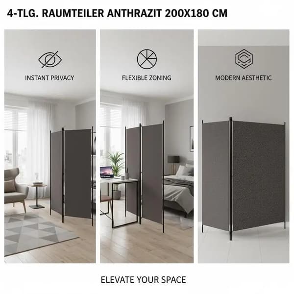 Rumsavdelare - 4-panel vikbar skärmvägg - 200x180 cm - Järnram - Polyestertextil - Ljusgrå