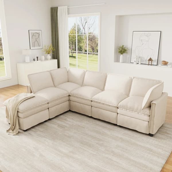 Modulär soffa - L-formad hörnsoffa - Sovfunktion - 6-sits - Chenille - Modern stil - Beige