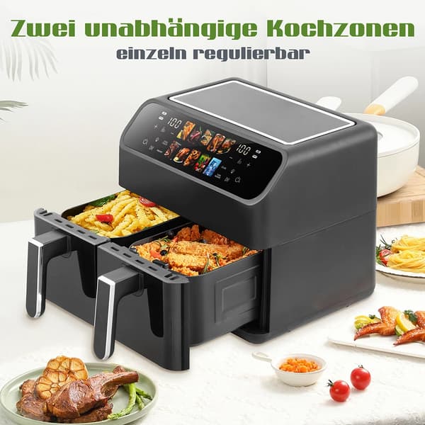 Airfryer - 9 L Dobbeltkurv - Olie­fri - 10 Tilberedningsprogrammer - LED-touchdisplay - Visningsvindue - 2000 W