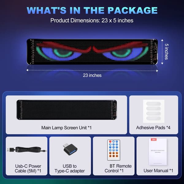 LED Devil Eyes forrudeskilt - Programmerbart LED rulleskilt - 16×96 pixels - Fleksibel - 34,8×10,2 cm - Til lastbil