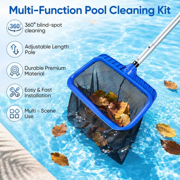 Poolrensenet - Poolskimmer med dyb netpose - 3,2 m Skaft - Til Blade og Affald - Til Pool og Spa - Blå