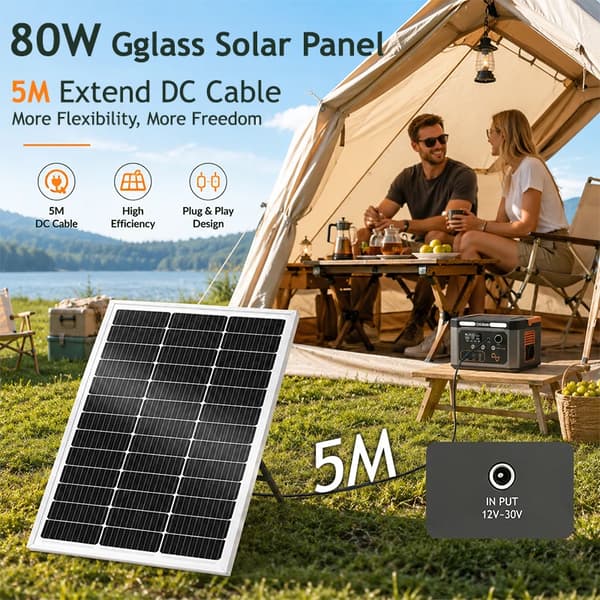 Solcellepanel - 80W Rigid PV-modul - 5 m DC-kabel - Bærbar - Til Altan - Til Power Station - Off-grid Nødladning