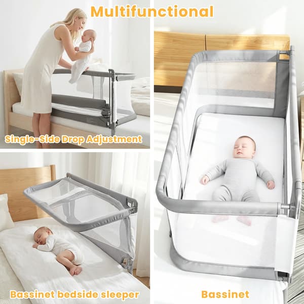 Baby bedside krybbe - Sideseng til samsovning - Bærbar babyseng - Åndbart netpanel - Med myggenet - Grå