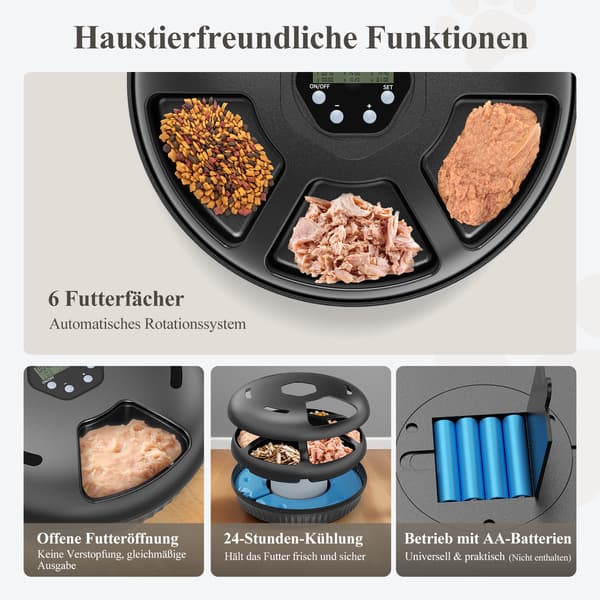 Automatisk kattefoderautomat - Vådfoder - Kølefunktion - 6 måltider - Batteridrevet uden batterier - Sort