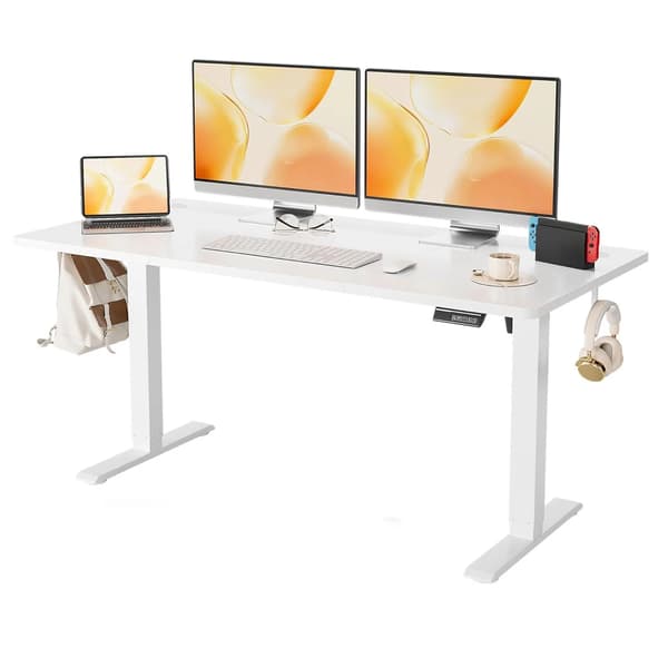 Skrivebord - Hæve sænkebord til computer - 140 x 60 cm - Stå-sid arbejdsplads - Rektangulær - Til hjemmekontor - Hvid