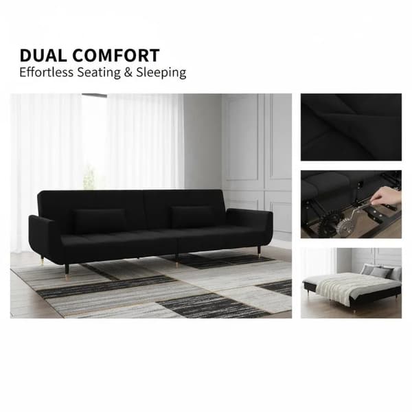 2-sits bäddsoffa - Sammetsoffa - Justerbart ryggstöd - 2 kuddar - 220×84,5×69 cm - Armégrön