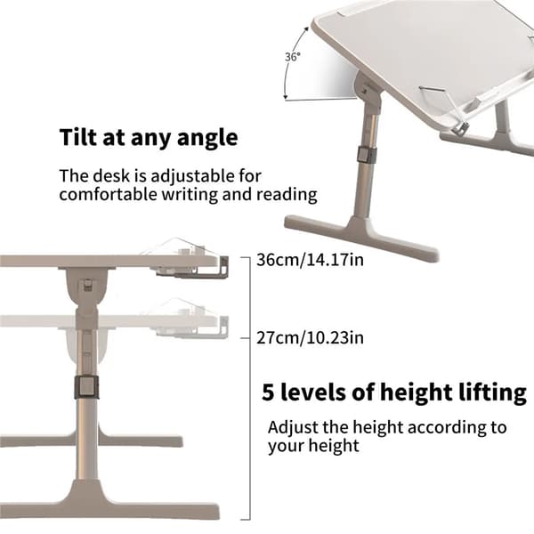 Hopfällbart laptopbord - Justerbart sängbord - Bärbart datorbord för säng och soffa - Rektangulär träskiva - Ljusgrå