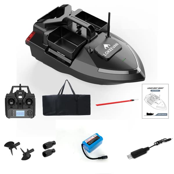 Foderbåd - V020 - GPS - 12000 mAh batteri - 500 m rækkevidde - 40 positioneringspunkter - 3 separate agnbeholdere - Sort
