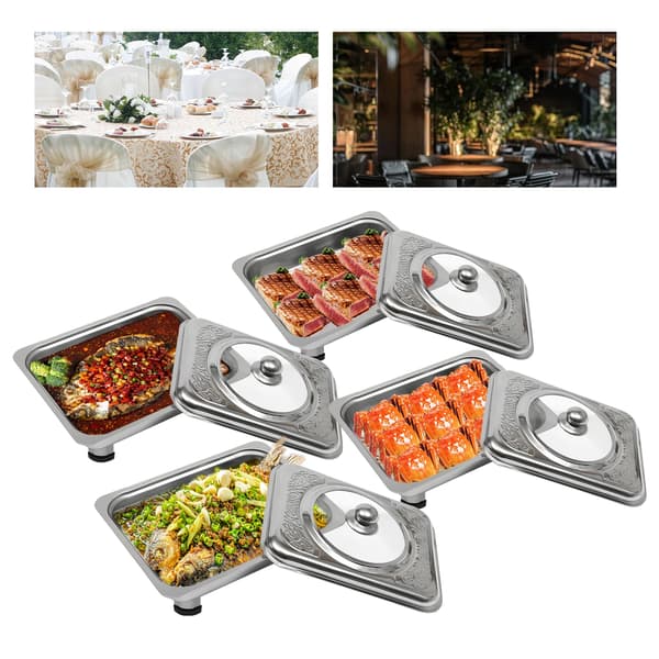 Chafing Dish Buffet Sæt - Rektangulær Serveringsvarmer - 4-pak - Med Låg - Rustfrit Stål - Til Buffet & Catering - Sølv