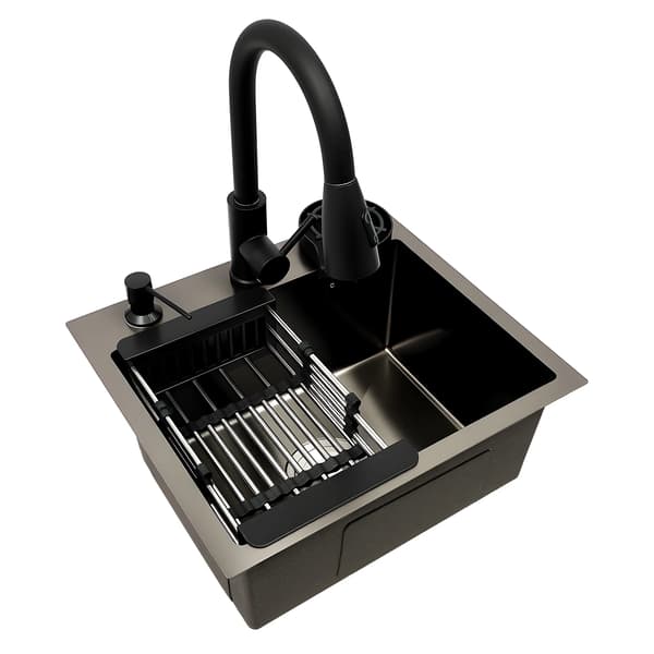 Køkkenvask 45×40 cm - Enkeltskåls rustfri stålvask workstation - Udtræksarmatur 40 cm - Plan/underlimet montering - Rektangulær kumme - Sort