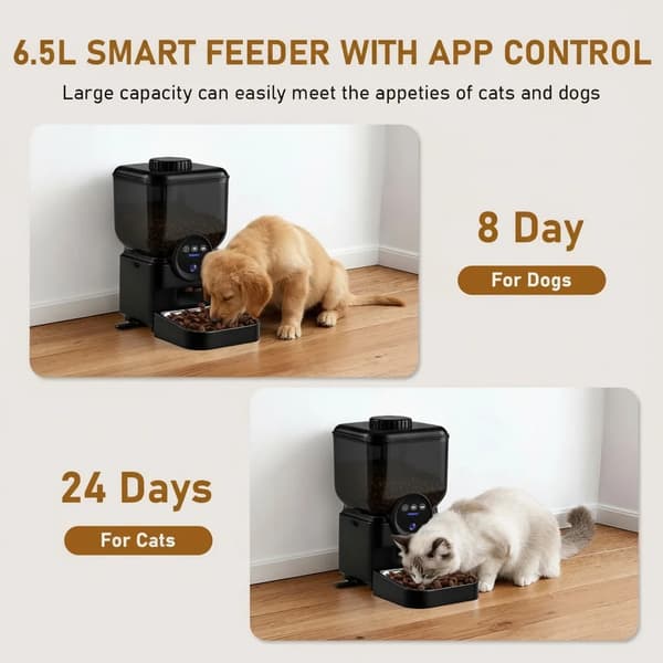 Automatisk kattefoderautomat - Smart WiFi foderdispenser - App-styring, Kamera, Kapacitet 6,5 L, Genopladelig, Rustfrit stål - Sort