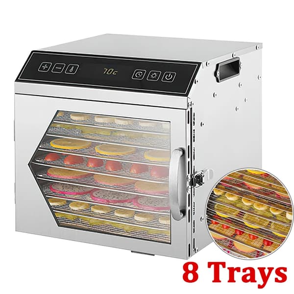 Fødevaredehydrator - Frugttørrer - 8 Bakker - Rustfrit Stål - 400 W - Timer & LED - 120–220 V AC