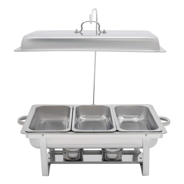 Buffet-madvarmer i rustfrit stål - Rektangulær chafing dish - 3 bakker - Med låg - Til catering & buffet - Sølv