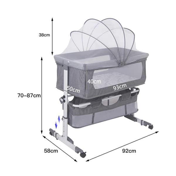 Babyseng - Samsovningsseng/Bedside crib - Højdejusterbar - Metalramme - Til 0–12 måneder - Grå