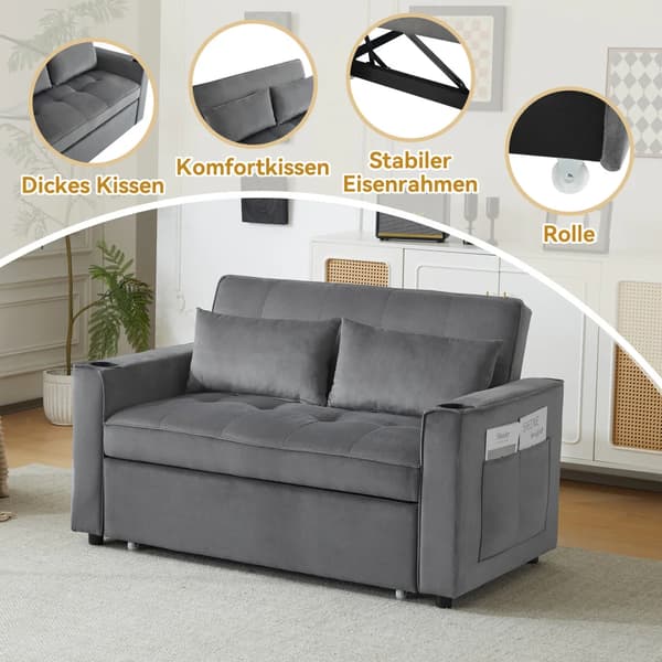Bäddsoffa - L-formad 2-sitssoffa - Hopfällbar - Multifunktionell - Sammet - Grå - Mugghållare