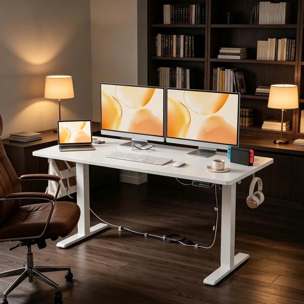 Skrivebord - Hæve sænkebord til computer - 140 x 60 cm - Stå-sid arbejdsplads - Rektangulær - Til hjemmekontor - Hvid