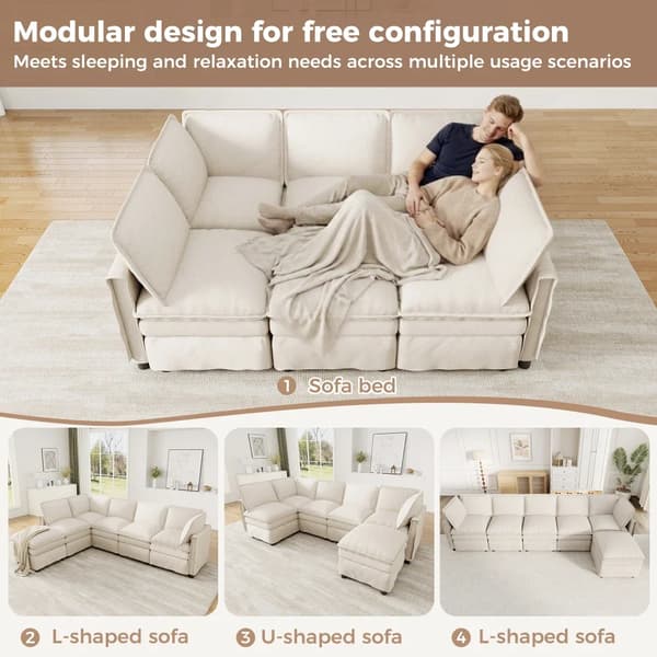 Modulär soffa - L-formad hörnsoffa - Sovfunktion - 6-sits - Chenille - Modern stil - Beige