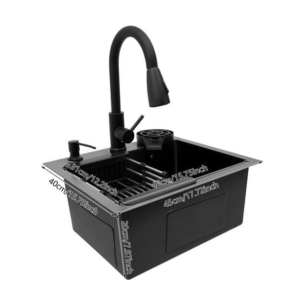 Køkkenvask 45×40 cm - Enkeltskåls rustfri stålvask workstation - Udtræksarmatur 40 cm - Plan/underlimet montering - Rektangulær kumme - Sort