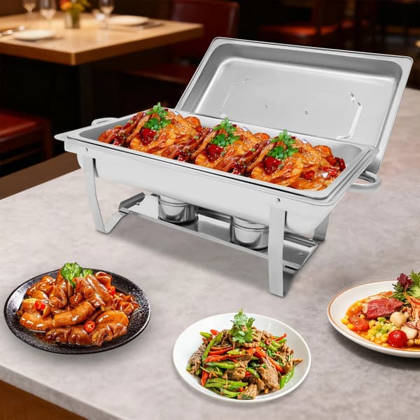 Buffé chafing dish - Rektangulär matvarmare 9 l - Fällbart stativ - Rostfritt stål - Stor kapacitet - Silver