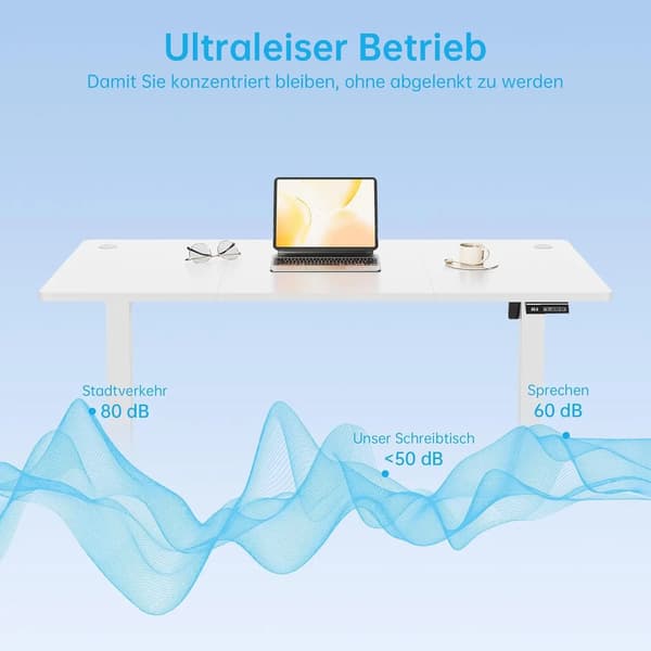Skrivebord - Hæve sænkebord til computer - 140 x 60 cm - Stå-sid arbejdsplads - Rektangulær - Til hjemmekontor - Hvid