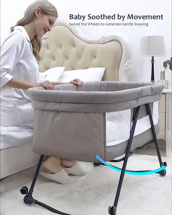 Foldbar 4-i-1 babyseng - Rejseseng og bedside-vugge - Vuggefunktion - Støjsvage hjul - 0–1 år - Grå Basic