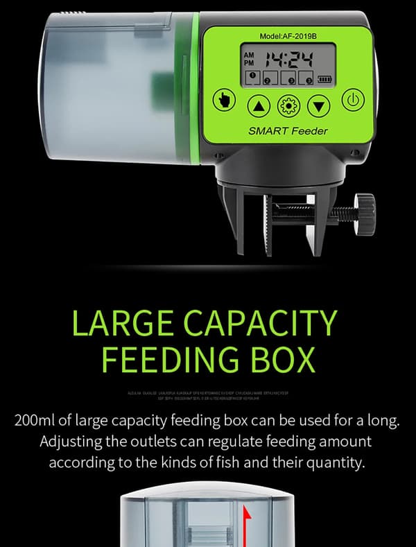 Automatisk fiskefoderautomat - Akvarium foderdispenser - Programmerbar timer - LCD display - 3 foderniveauer - 200 g kapacitet