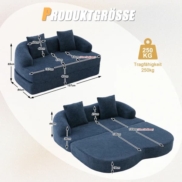 Chenillesoffa - 2-sits bäddsoffa - 2-i-1 - Utfällbar - Med 2 kuddar - Modern stil - Marinblå