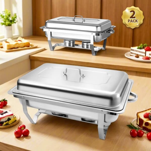 Buffetvarmer - Chafing dish - Sæt med 2 - Rektangulær - Rustfrit stål - Låg, vand- & madbakke, stel, brænderholder - Sølv