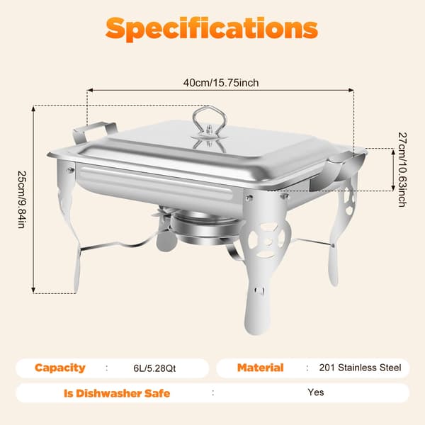 Chafing Dish - Buffetvarmer - Rektangulær - 6 L - Rustfrit stål - Med låg - Sølv