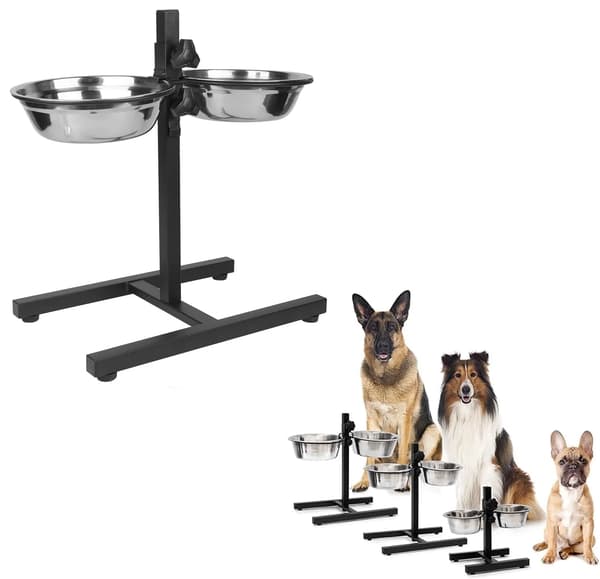 Foderstation til hunde - Dobbelt mad- og vandskål 2x1800 ml - Rustfrit stål - Sort