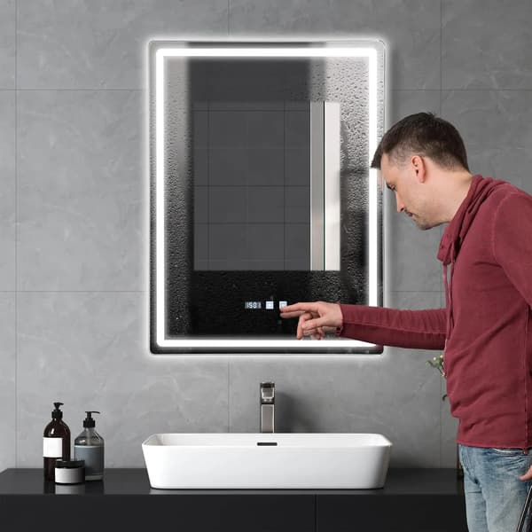 Badrumsspegel - Rektangulär LED-spegel - Tid- och temperaturdisplay - Touchknapp - Väggmonterad - Silver