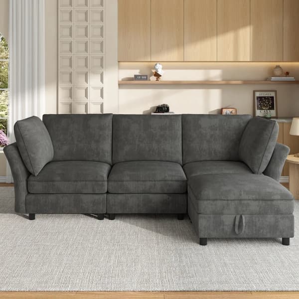 Modulär Molnsoffa - L-formad Hörnsoffa - 3 Sitsar - Chenilleklädsel - Förvaringspall - Modern Stil - Grå