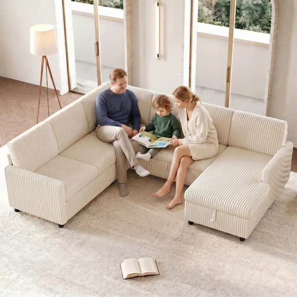 Hörnsoffa - Bäddsoffa - U-formad - 5 Sitsar - Manchestertyg - Utdragbar Sovfunktion - Dold Förvaring - Beige