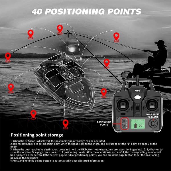 Foderbåd - V020 - GPS - 12000 mAh batteri - 500 m rækkevidde - 40 positioneringspunkter - 3 separate agnbeholdere - Sort