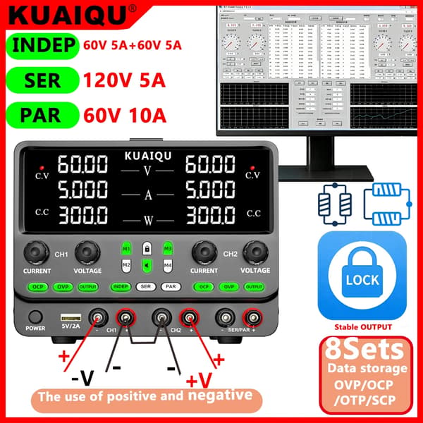 Programmerbart DC labbnätaggregat - SPPS605-2KD - 0–60V 0–5A - 2 kanaler - RS232 RS485 USB - serie/parallell