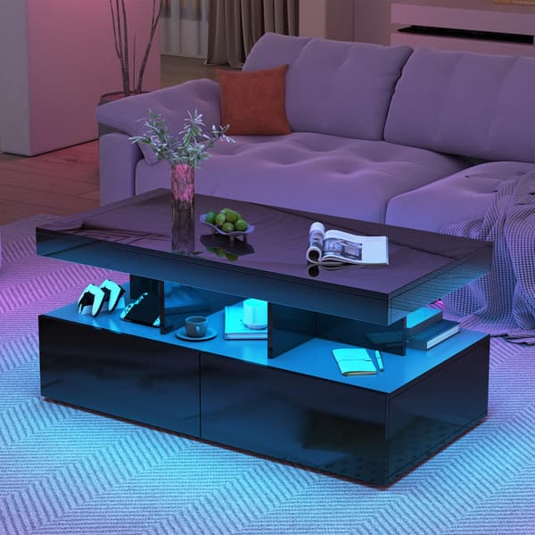 Moderne sofabord - Stuebord 104×53×46 cm - LED lys - 3 hylder - 2 skuffer - Rektangulær - Sort