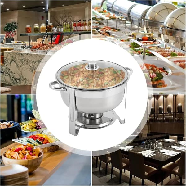 Rund buffetvarmer - Chafing dish - 8,5 l - Rustfrit stål - Glaslåg - Dobbeltbeholder - Sølv