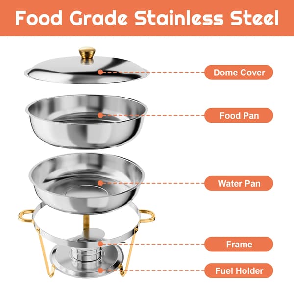Buffetvarmer - Rund Chafing Dish Sæt - 4 x 4,5 l - Rustfrit Stål - Med Serveringstang - Guld