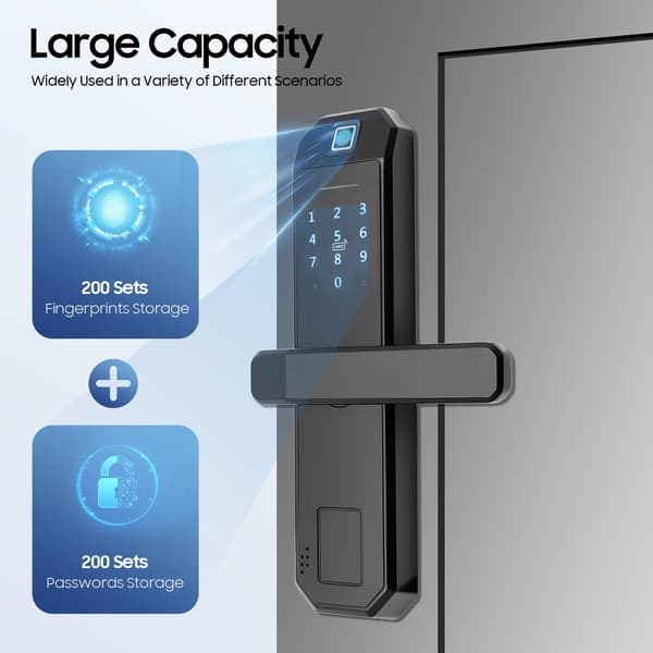 Smart dörrlås - Fingeravtryck & PIN - 200 fingeravtryck/200 koder - 4×AAA batterier - Zinklegering - FAR ≤0,005 % - Svart