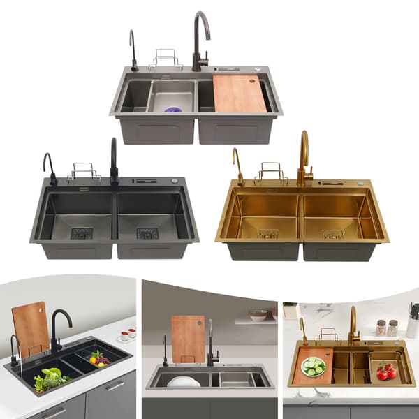 Køkkenvask rustfrit stål - Dobbelt vask 78x46 cm - 304 stål - Med armatur - Rektangulær - Grå