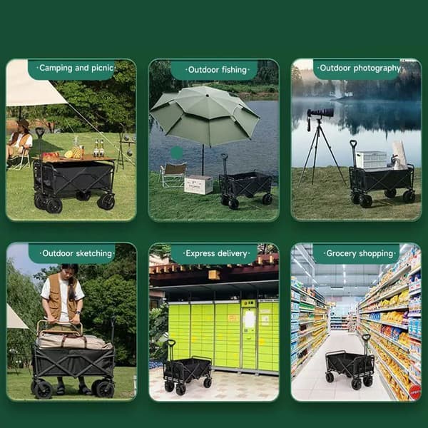 Robust sammenklappelig vogn - Camping- og strandvogn - Høj bæreevne - Foldbart design - Med solskærm - Sort