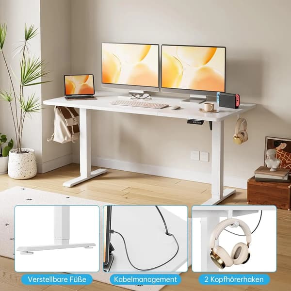 Skrivebord - Hæve sænkebord til computer - 140 x 60 cm - Stå-sid arbejdsplads - Rektangulær - Til hjemmekontor - Hvid