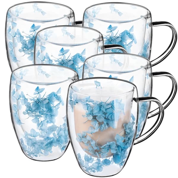Kaffe- och teglas - Termoglas - 350 ml - 6-pack - Blommotiv - Blå