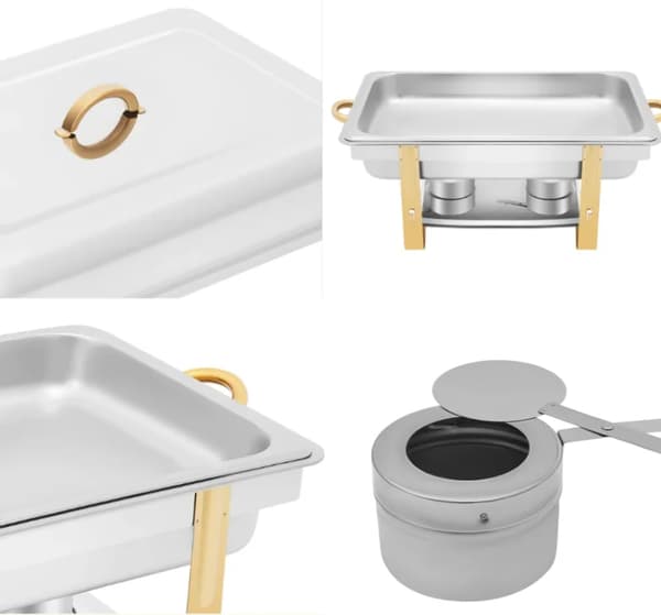 Buffetvarmer chafing dish - Rektangulær bordvarmer - 9 l - Rustfrit stål - Med låg og brænderholdere - Sølv