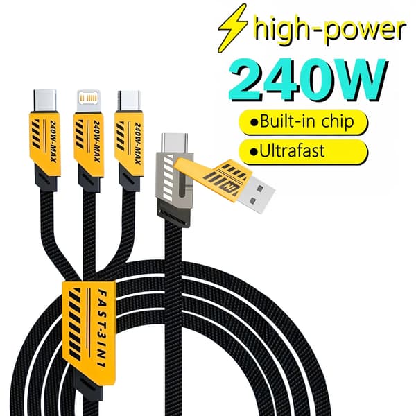 Multi USB Opladerkabel - 3-i-1 Hurtigladekabel - 240W 3A - 1,2 m - Til iPhone Huawei USB-C Micro USB - Sort